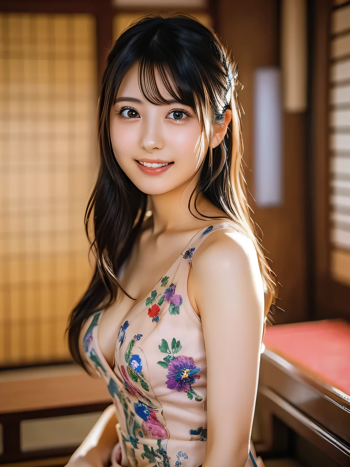 (masuter piece、hight resolution、detaileds、hiquality、realisitic)、Cute 18 year old girl wearing a yukata、C cup breasts、A sly smile、With bangs
