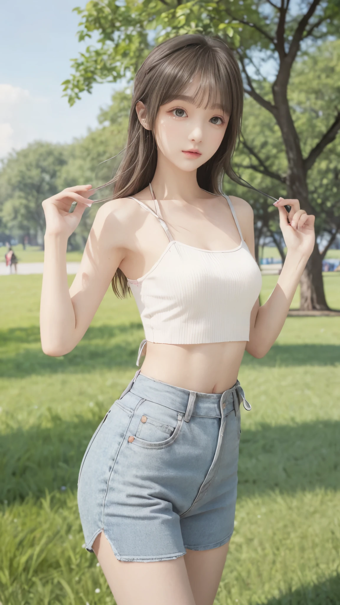 (HD、4K、realistic depiction)、(perfect and very thin waist highlighted)、( Beautiful Russian )、(Posing in the park)