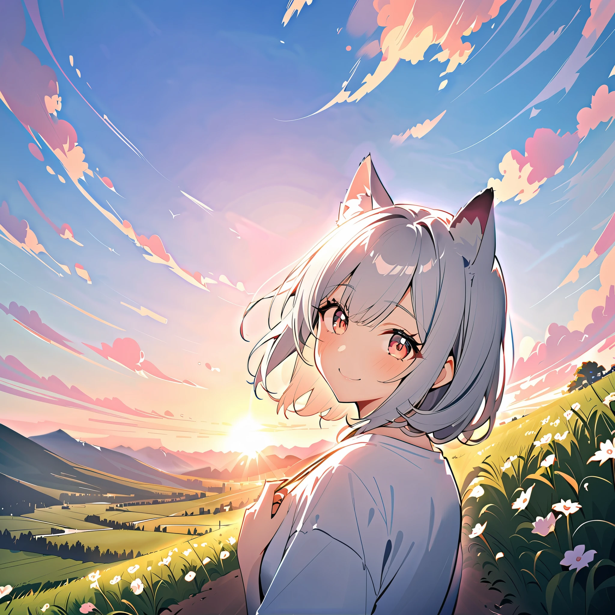 8k, girl with dog ears and silver hair, White Ear, Beautiful Scenery,My heart is clear,It's reassuring,smile,Have hope