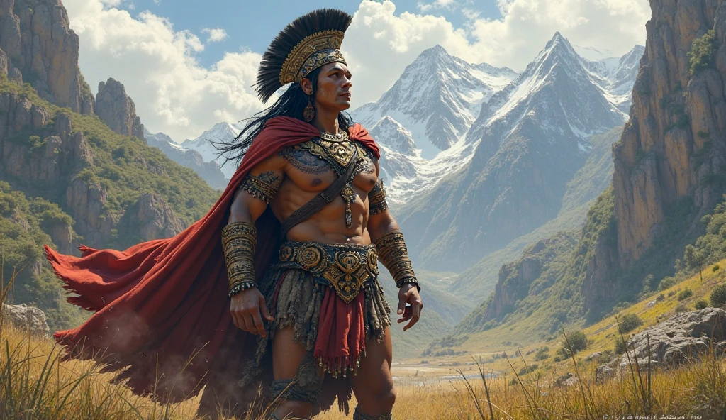Aztec warrior on a rock with a spear in his hand, epic perspective, Seen from the front, exotic clothing