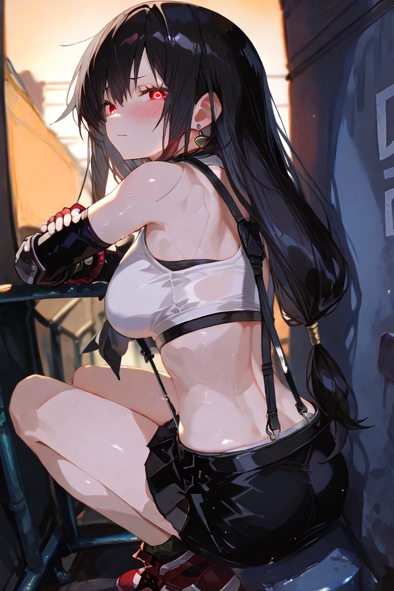 8K,masterpiece, Bast quality,big, (Ultra-thin contour lines), (1 Girl), Tifa Lockhart, red_eye, Black Hair, Long Hair, Professional Lighting, (Shiny skin: 1.2), shiny big, ((Highest quality)), Sharp focus: 1.2, Highly detailed face and skin texture, detailed eye, Perfect Face, Perfect body, Blur Art, CG, background, Big Breasts, in front (18-year-old, Cool and beautiful adult face), wear ((Suspender Black Skirt), Black elbow gloves, White tight shirt, thigh, White tank top), red面, (White Maiden), (White panties digging into pussy), Futuristic tabletop, Sue Steampunk sitting at a desk with her knees up, Browsing Caution,