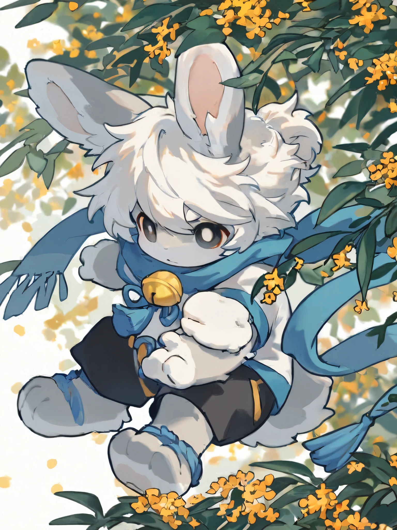 pygmy arctic rabbit boy,furry boy,Toddler Characteristics,white hair,gray skin, blue scarf ,Short sleeve, shorts,blue rope bell,Laurel,Osmanthus fragrans,