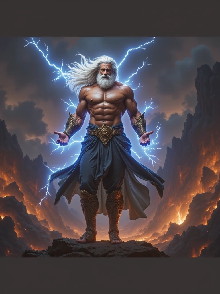 Crie uma imagem com a mais alta qualidade e detalhes aprimorados, Capturing an epic moment in the skies. Zeus, o rei dos deuses na mitologia grega, Fica nas nuvens, His imposing figure standing out against a stormy sky and hidden from dark clouds. Zeus is portrayed with a majestic and powerful presence. He wears a glowing cloak that appears to be made of lightning and thunder, and his white beard and hair flutter with the electrical energy that surrounds him. His eyes sparkle with determination as he wields his thunderbolt with both hands, Getting ready to launch it in a stunning gesture. The intricately detailed beam radiates intense light and appears to carry formidable energy. The sky is full of dark clouds and storm swirls, Creating a cinematic and dramatic backdrop. Lightning bolts and electric sparks dancing around Zeus, Lighting up the sky. The lighting is spectacular, com raios de luz estourando das nuvens, destacando Zeus e seu raio, criando uma atmosfera de grandeza. Esta imagem deve transmitir a majestade e o poder divino de Zeus enquanto ele controla os elementos. Tente capturar a intensidade da cena, como nuances de luz e sombra, and the expression of strength and authority on Zeus' face. Esta imagem deve ser digna dos deuses, A truly cinematic work of art.