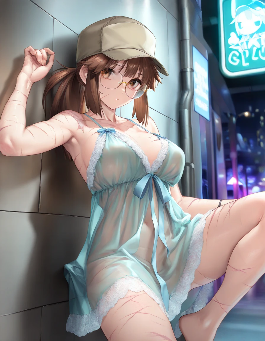 (1 person),(Best image quality, 8k, masterpiece:1.3),((Brown hair bob cut:1.1)),(Swept-apart bangs,Braiding), (Cute eyes, Dark Eyes), (Mole under right eye), (Standard weight), (Large Breasts),(Big Hips), (Glowing Skin:1.1),(Pale skin:1.2), (black lace bra, Black Thong,garter belt,Black knee-high socks),(Sweat),(Night City),(In town),(A fantastic atmosphere),(look up),Ultra-high resolution, Textured skin, Sparkle Effect, Gazing at the audience,High Angle,Heavy breathing, ,Sweatだく,Wet body,Eating a popsicle,smile, squat,Spread your legs,Show your crotch,Saliva stringing, Long coat,Passersby