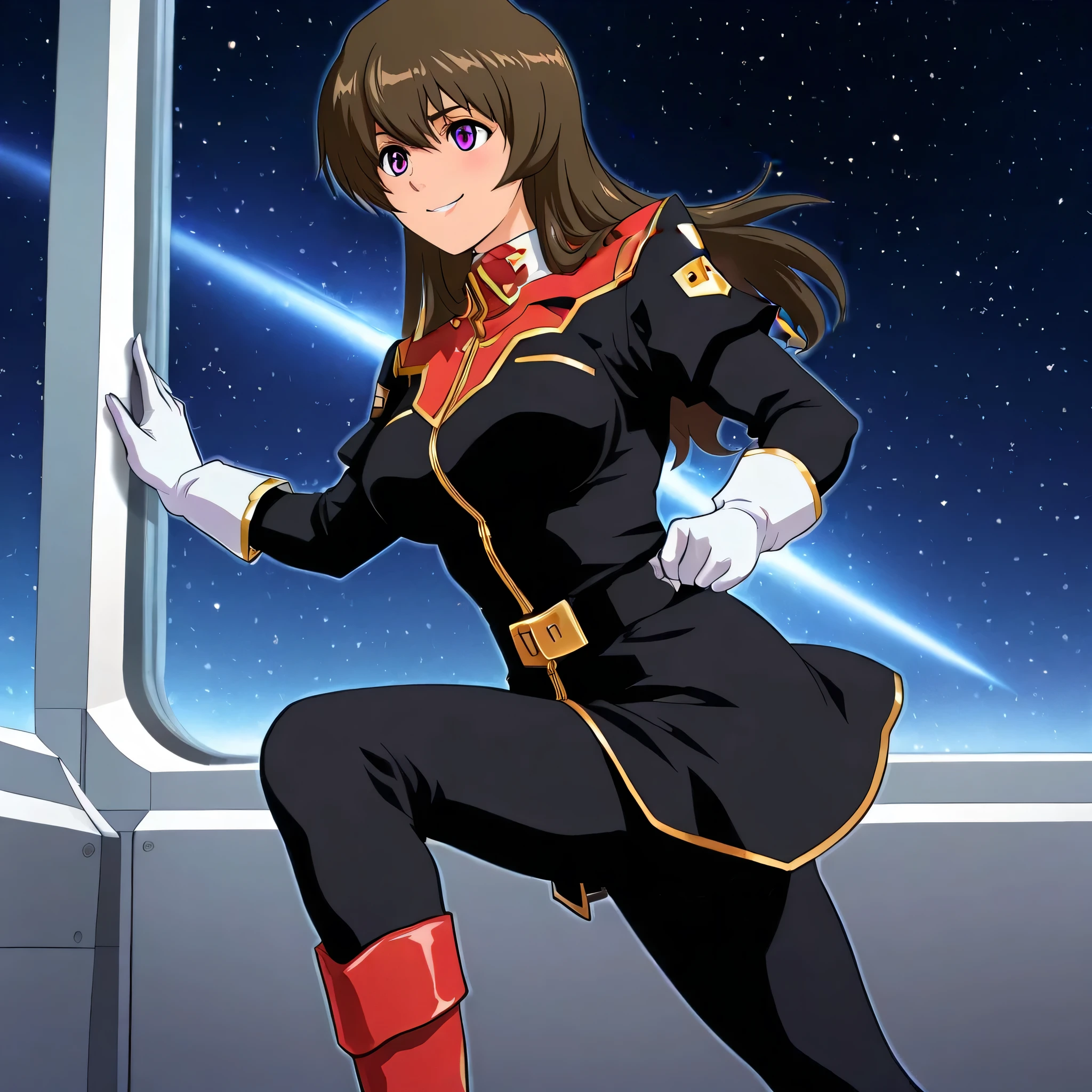 Masterpiece, Best Quality, Highly detailed, illustration, absurdres, street fighter, doll suit, shadaloo doll, nazi saluting, military, military saluting, salute, 1 girl, solo, expressionless, emotionless eyes, looking at viewer, red gloves, emotionless, black latex, corrution, zofa suit, zofa soldier, mind control, female combatant, full body, hypnotized, standing, standing at attention, unhappy trance, full body suit, Noel Anderson , Gundam: Lost War Chronicles, brown eyes, brown-hair