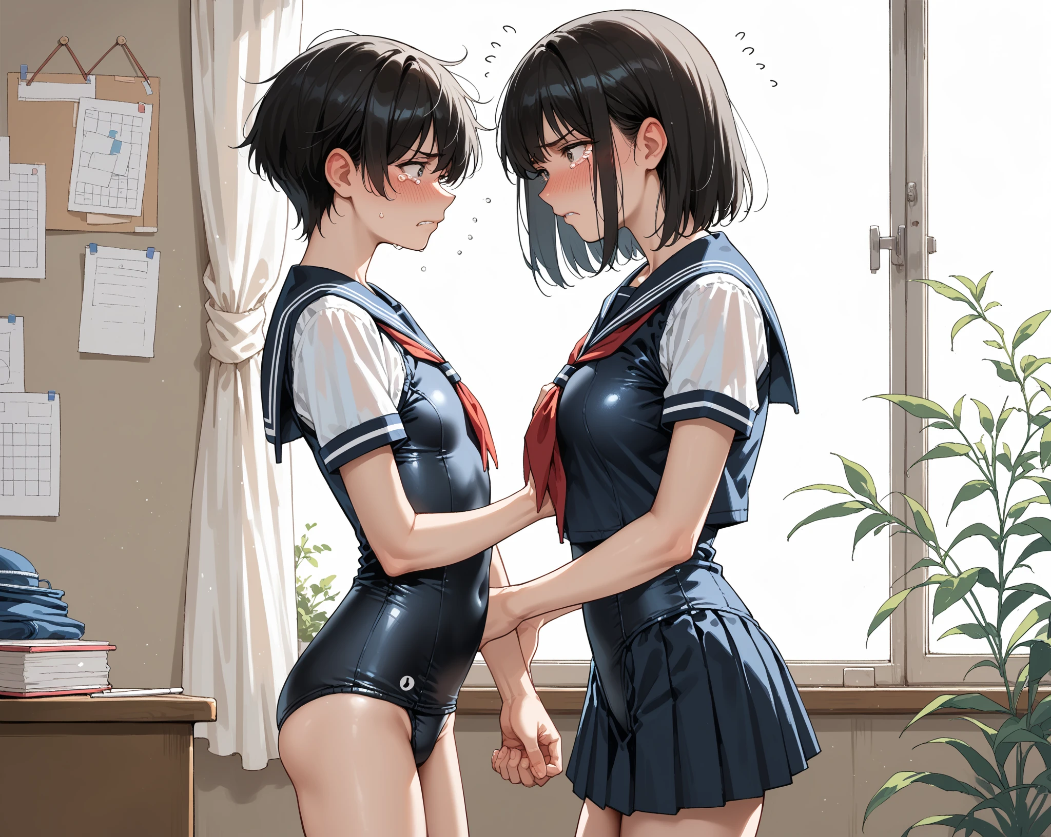 Young elementary school student, black hair, short pigtails, flat chest, futanari, ejaculating from small penis, touching own balls, masturbation, uniform, nipples, panties removed, smiling, pain, lewd, used condom
