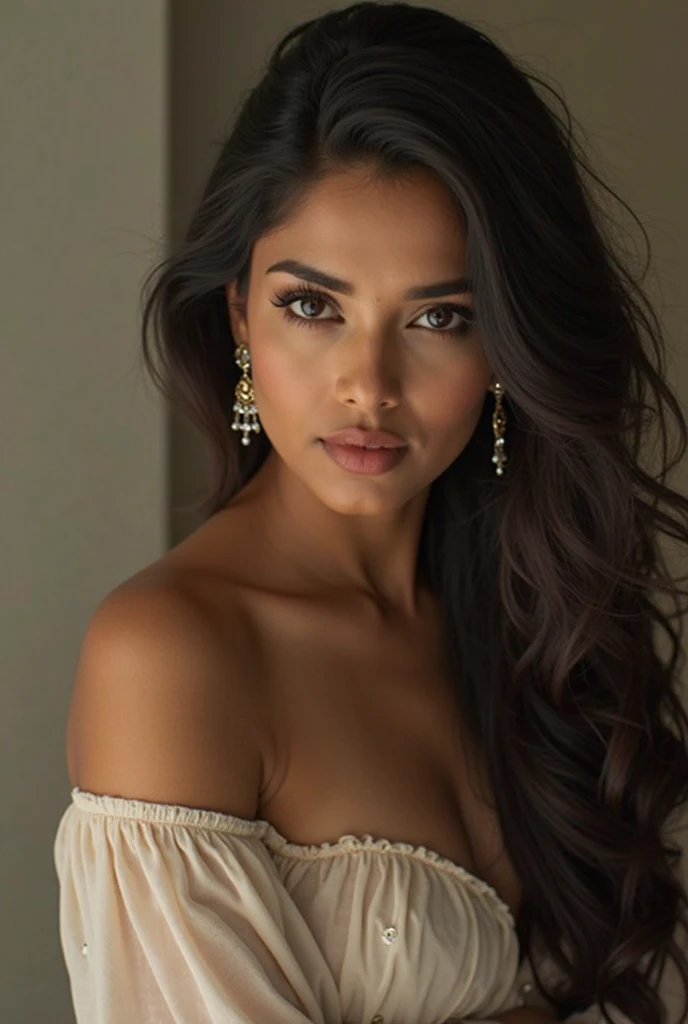 photorealisti, beautiful young girl, 18yo, brown eyes, tanned, very full lips, big natural breasts, sexly, black, long wavy hair, Soft lighting, realisti, bright colors, Latin American, jewellery, fitness
