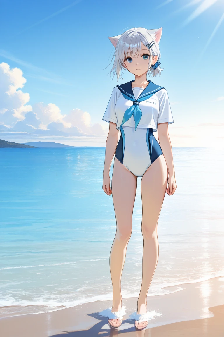 The ultra -The high-definition、high-level image quality、top-quality、Full feet and hands、complete fingers、Beautuful Women、1 persons、white hair、Bery short hair、ssmile、White Sailor School Swimsuit、Summer Beach
