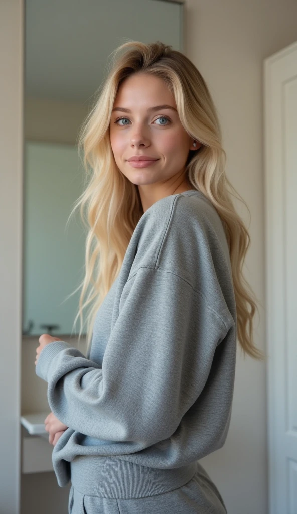 standing in bathroom, medium shot, photo realistic, super realistic, beautiful woman, gray sweatshirt, blonde hair, blue eyes, smiling, young, mirror shot, phone in hand
