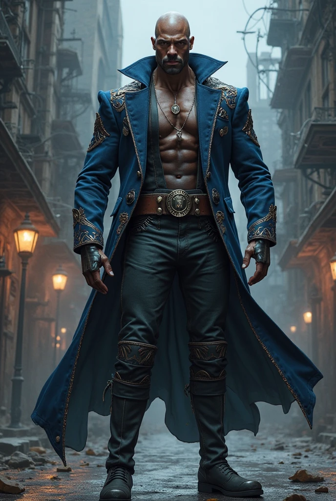 black male, eyes browns, brawny, Cao Cao, short dreadlocks hair, light blue mid-length collared jacket, shiny black overcoat, gray biker pants, clear boots, sword in hand. pants over boots,