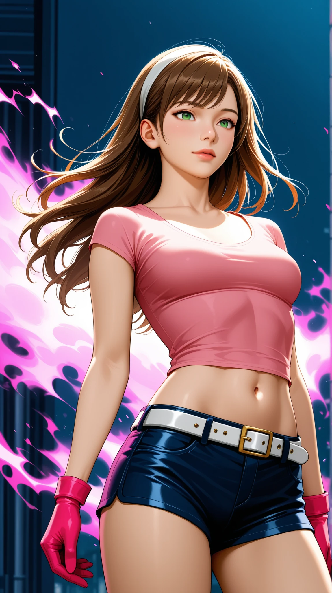 Half-body view of a beautiful woman with long brown hair and full spiky bangs, beautiful green eyes, medium chest, wear a white hairband, wear a pink shirt with scoop neck and short-sleeves, dark blue leather shorts with white belt, pink gloves, her shirt is cut to expose her midriff with deep navel, pink energy aura, front view, outdoor background, realistic
