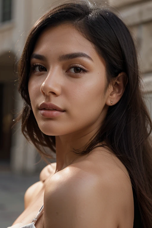 a beautiful young woman in her twenties, with Latino and Italian features. She has long, straight black hair that falls freely over her shoulders.  Her face has soft and balanced contours. She has large, well-defined, dark brown eyes with long, thick eyelashes, and well-arched, full black eyebrows. His nose is straight and slightly refined, proportionate to his face. Her lips are full and defined, with a natural color, and they are closed, contributing to her neutral expression.  Her skin is matte, smooth and without visible imperfections. It was taken with a studio camera. The background is completely white