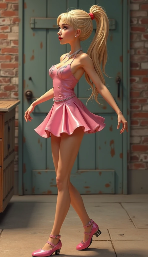 (masterpiece, best quality:1.2), solo, 1girl, giantess, lucysteel, pink dress, blonder hair, walking in California