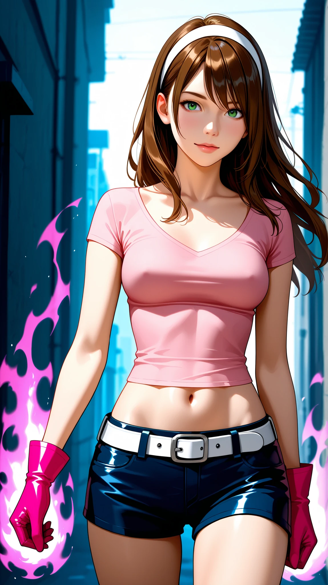 Half-body view of a beautiful woman with long brown hair and full spiky bangs, beautiful green eyes, medium chest, wear a white hairband, wear a pink shirt with scoop neck and short-sleeves, dark blue leather shorts with white belt, pink gloves, her shirt is cut to expose her midriff with deep navel, pink energy aura, front view, outdoor background, realistic