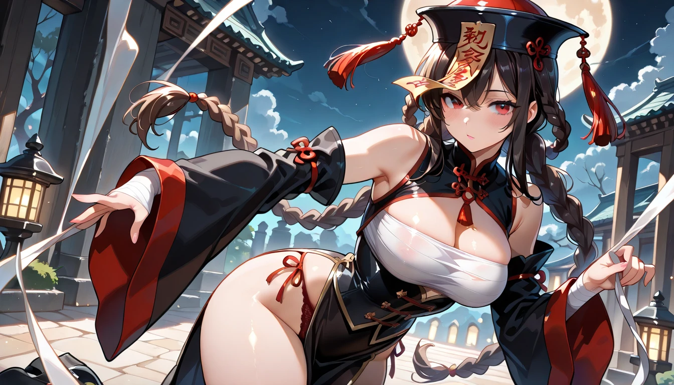 (Highest quality、High resolution、8k、masterpiece:1.2)。Her eyes were shining like stars、Curvaceous yet slender、Cleavage、Squat、squat。Battle Girl、Looking down but eyes looking straight ahead。Aggressive fighting stance。Crouched down and glaring at the viewer。Using a Japanese sword as a walking stick to support one's body。1 girl、Hair that stands on end、Twin tails that rise up、Long Hair、Disheveled Hair、Hair swaying in the wind、Long-sleeved red and black floral kimono、Original Character、(background:京都のnight、Puddles form after the rain、night、Streets bathed in the light of the bathhouse)、Long kimono sleeves、Holding a Japanese sword、backgroundのぼやけ、Tattoo、Depth of written boundary。Reflection in a puddle。geta、tabi、Use something sexy。Showing teeth。smile、sunglasses。Lift your bangs so that your forehead is visible。hair ornaments。