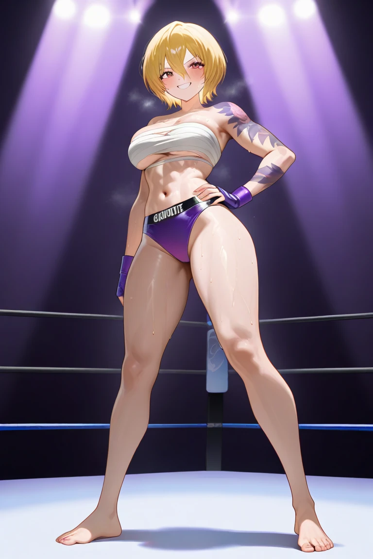 highres,absurdres,masterpiece,best quality,original,extremely detailed CG,extremely detailed wallpaper,perfect lighting,looking at viewer,bare hands,1girl,blurry background,standing on stage,
<lora:WrestlerLoRA:0.6>, short hair,armlet,wrestling outfit,halterneck,facial mark,bracelet,knee boots,