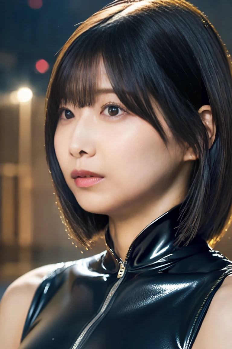 (1 girl)、highest quality、masterpiece、超A high resolution、(Photoreal:1.4)、Raw photo、1 girl、(leather black riding suit)、long sleeve,、leather racing gloves、Portrait、global illumination、Shadow、octane rendering、8K、super sharp、Metal、intricate decorative details、Japan details、very intricate details、Close-up、realistic light、(mysterious look)、CG Society Trends、shining eyes、towards the camera、Small LED、two stock
