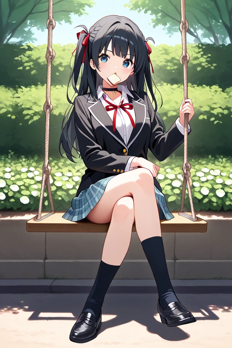 Young girl with black hair, long twintail, twintail hairstyle, (blue eyes), ((small bushy eyebrows)) wearing gothic ta clothing, loli, walking to school, flirty smile,, walking to school, bored look, bored face,, (sitting with legs open lifting her skirt to show her vagina wet with semen),