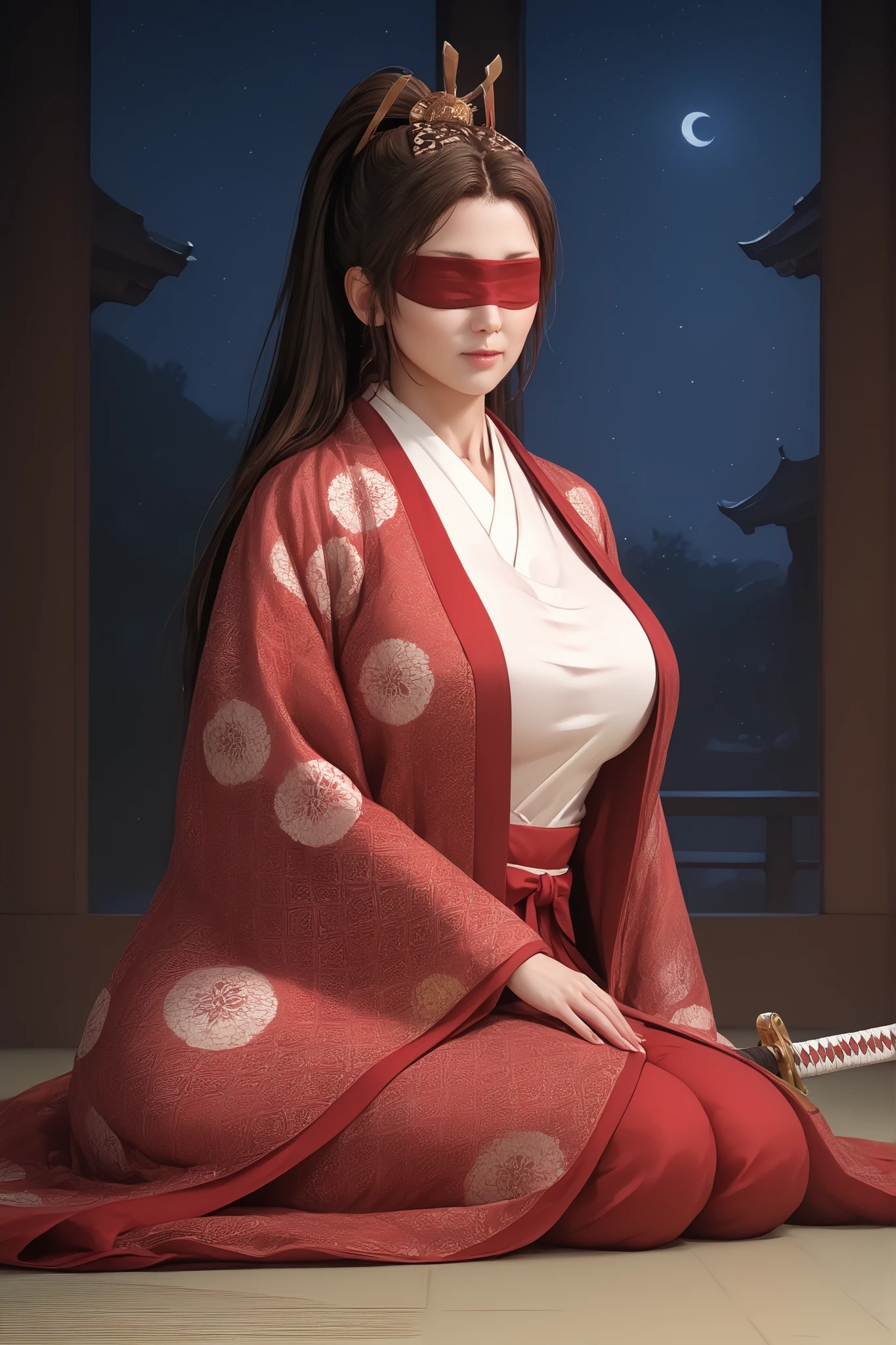 masterpiece, best quality, amazing quality, very beautiful, Absurd, latest, scenery, anatomically correct, 16k, UHD, accurate, expressive, {{1girl solo}}, illustration, masterpiece, ultra-detailed, {{detailed shading, detailed skin}}, {{realistic skin}}, BREAK, detailxl, Details, high definition, 8k, Ultra High Resolution, soft saturation, professional quality, perfect contrast, Anatomically Accurate, milf, blindfold, junihitoe, ornate kimono, long hair, big breasts, hips and thigs focus, sitting,  seiza, katana resting besides her, japanese house, night background, kneeling on the floor, no jewelry, katana next to her, katana, ponytail, tied hair, red ribbon