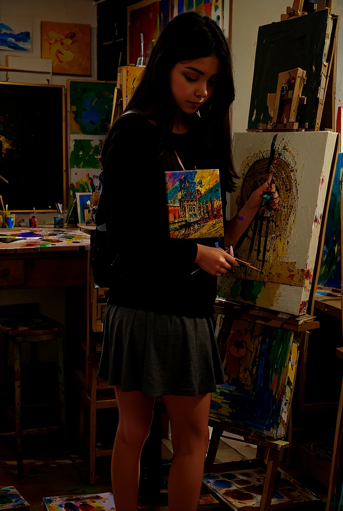 (masterpiece), best quality, ((old man in blue suit in the background)) and crowd of old men in black suits in the background and (((nude naked young teen girl who who has brown bob hair and holds a paintbrush and shouts and has some colorful painted smeared on her naked body))), 