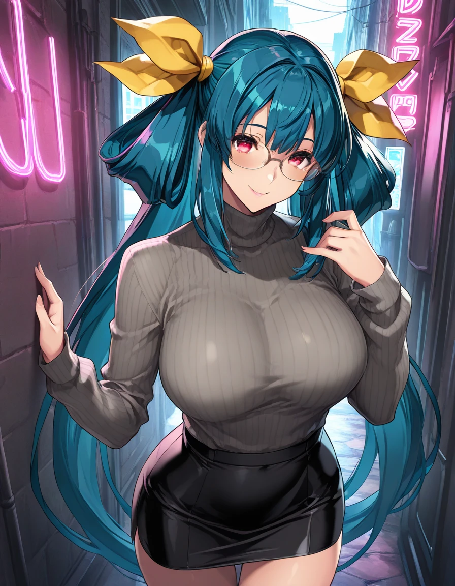 masterpiece, best quality, mature female, ganyudef, blue hair, long hair, large breasts, twin horn, (nude:1.3), (black bodysuit:1.6),bare shoulders, walking, purple eyes, embarrassed, blush, street