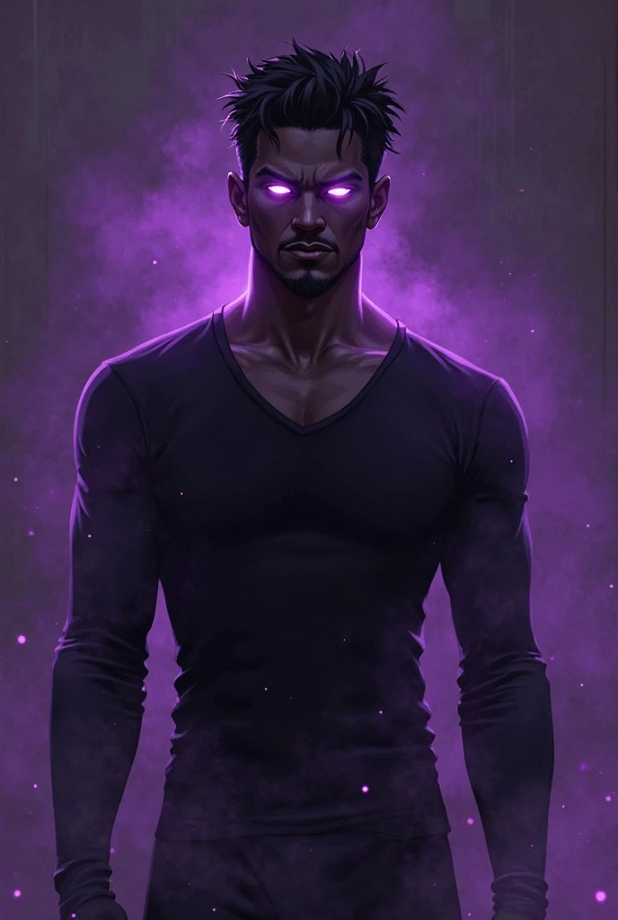 An attractive man, lavender eyes, jet black skin, full lips, muscular.