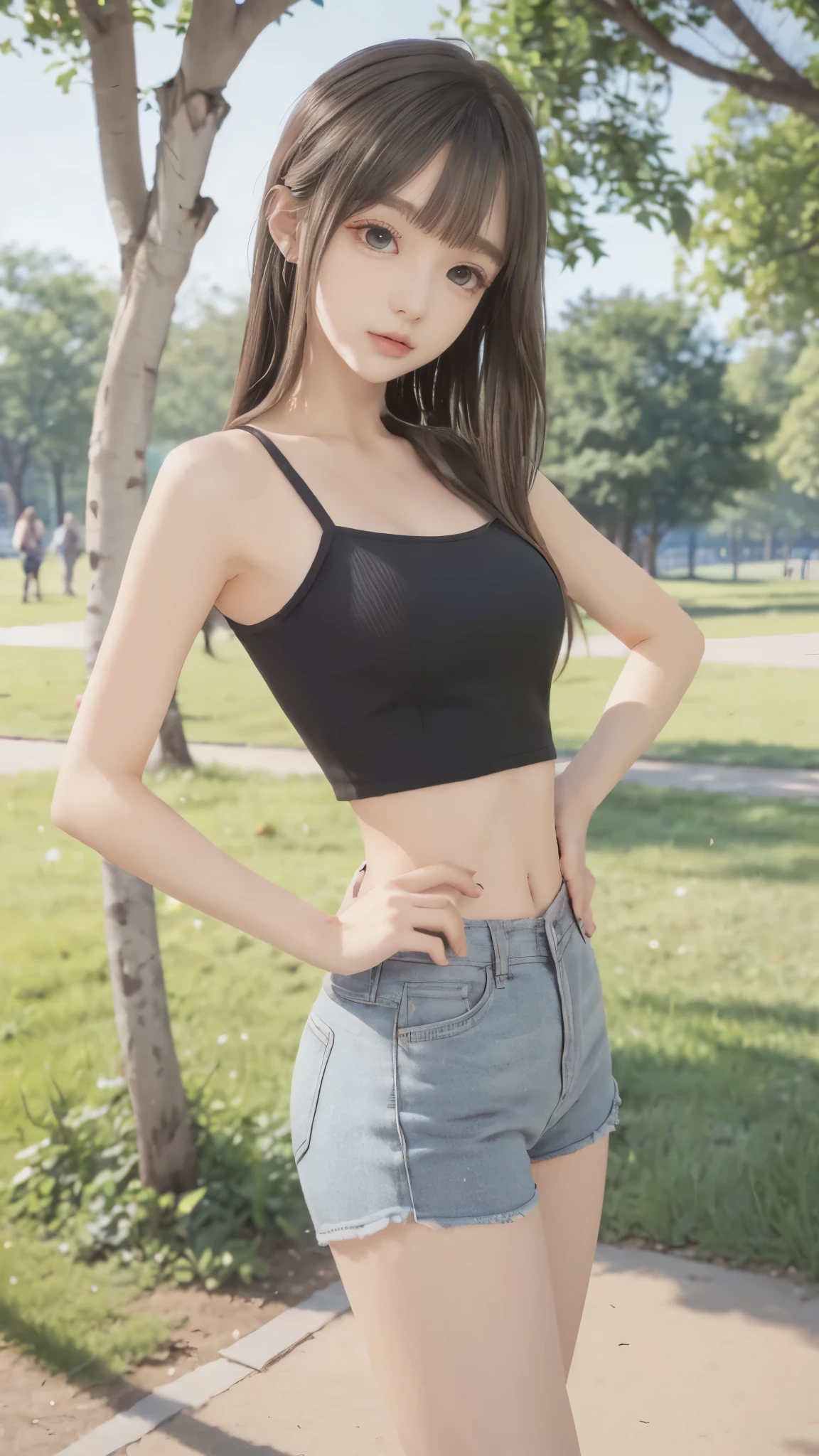 (best quality、best quality、8K、realistic depiction)、(perfect and very thin waist highlighted)、( Beautiful Russian )、(Posing in the park)、(more:1.2, perfect right hand:1.2)、(detailed eyes and faces between desks:1.2、professional photography techniques)