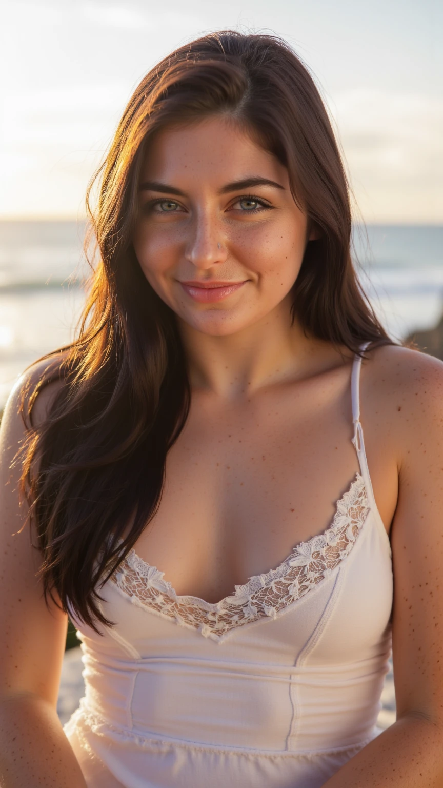 arafed woman, adult woman, detailed body, beautiful face, tan supermodel, beautiful eyes, full summer dress, perfect face, d cups, pretty big breasts, 29 year old female, large hips, big butt cheeks, nice ass, HDR, photoreal, light blue dress, posing on beach, sunset, white bra, hands holding hair, solo, detailed dark long slightly curly hair with light shades, summer dress
