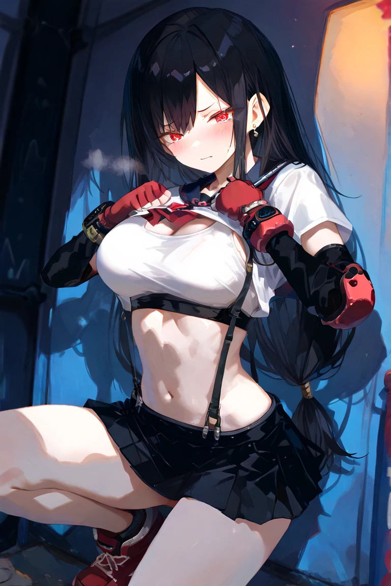 8K,masterpiece, Bast quality,big, (Ultra-thin contour lines), (1 Girl), Tifa Lockhart, red_eye, Black Hair, Long Hair, Professional Lighting, (Shiny skin: 1.2), shiny big, ((Highest quality)), Sharp focus: 1.2, Highly detailed face and skin texture, detailed eye, Perfect Face, Perfect body, Blur Art, CG, background, Big Breasts, in front (18-year-old, Cool and beautiful adult face), wear ((Suspender Black Skirt), Black elbow gloves, White tight shirt, thigh, White tank top), red面, (White Maiden), (White panties digging into pussy), Futuristic tabletop, Sue Steampunk sitting at a desk with her knees up, Browsing Caution,