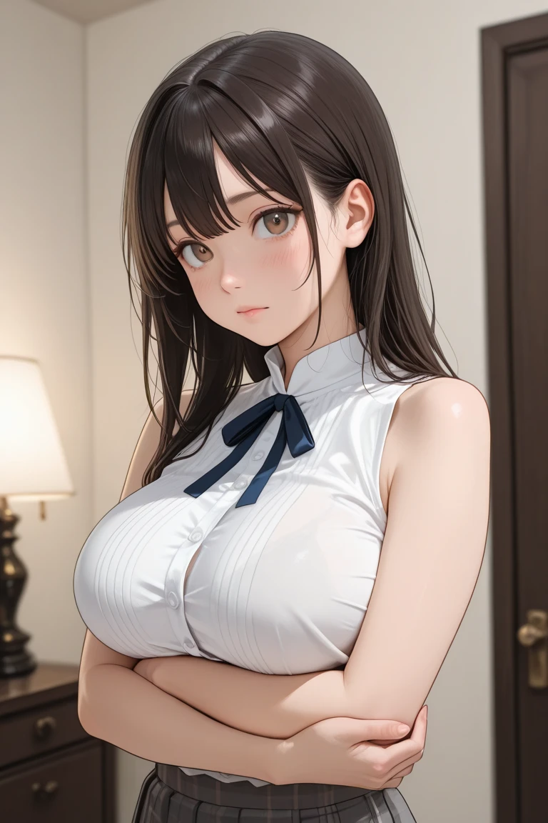 (masutepiece: 1.3), (max resolution: 1.2), (Ultra HDTV: 1.2), cinematric light, 8K resolution, Detailed eyes and skin, detailed facial features, Perfect limbs、Perfect fingers、Anatomically accurate body, Fingers in natural shape, Realistic texture, (Focus on upper body:1.2), Perfect Style, (Beautiful face, kawaii eyes, Clear eyes、realisticeyes, Beautiful eyes like jewels), acurate, Anatomically correct, Highly detailed facial and skin texture, Detailed eyes, Double eyelids, Thin eyebrows, Glitter Eyeliner, Natural cheeks, Glossy skin, Fair skin:1.2, (Glossy lips: 1.2), (#Slim waist), Full body like:1.6, (cleavage of the breast, Firm chest, huge udder:1.5), (White shirt, Navy blue blazer uniform, short ruffled skirt:1.2), (thigh visible), (lean forward and look at you:1.3), Blonde hair, Brown hair