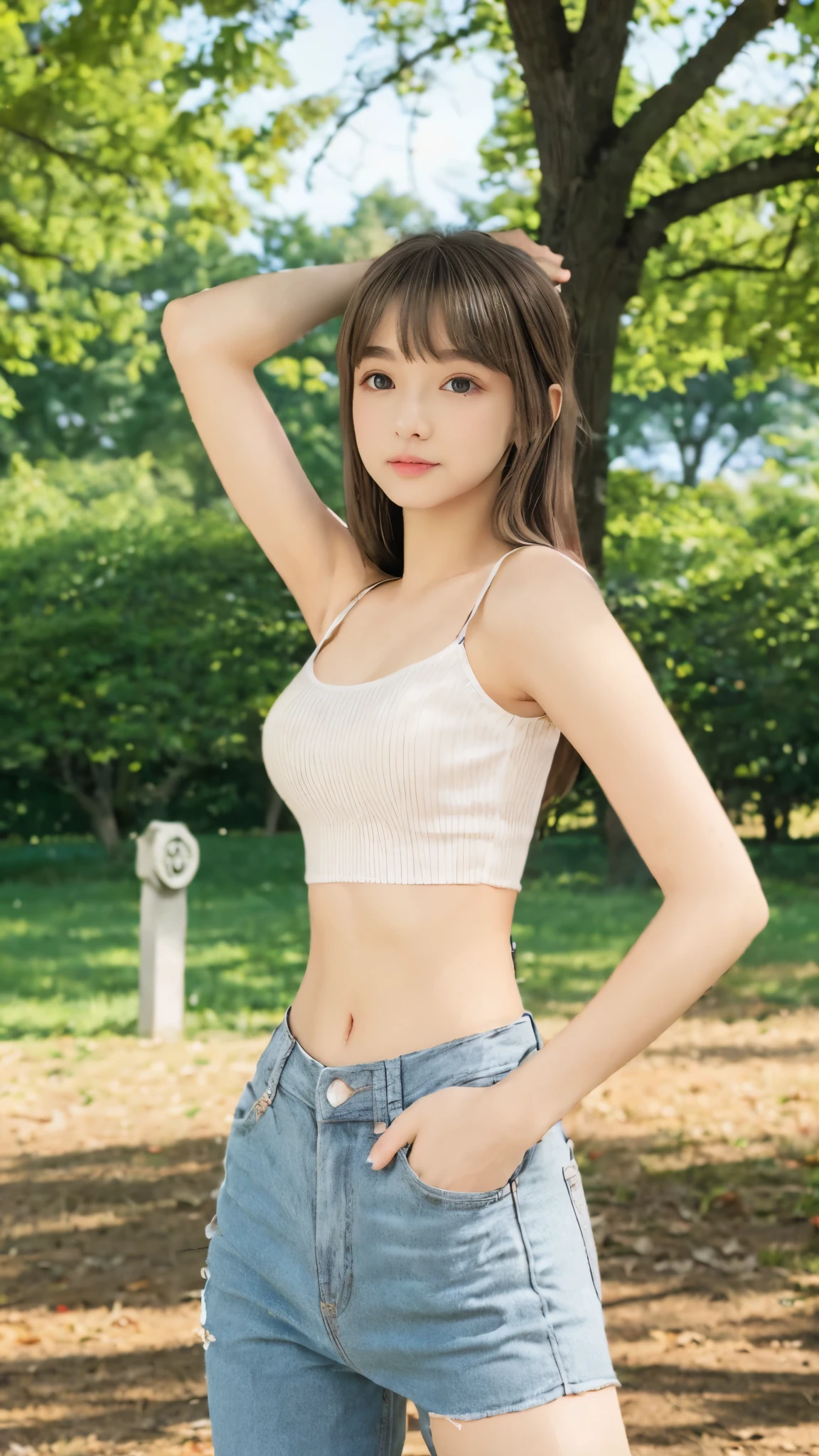 (HD、4K、realistic depiction)、(perfect and very thin waist highlighted)、( Beautiful Russian )、(Posing in the park)