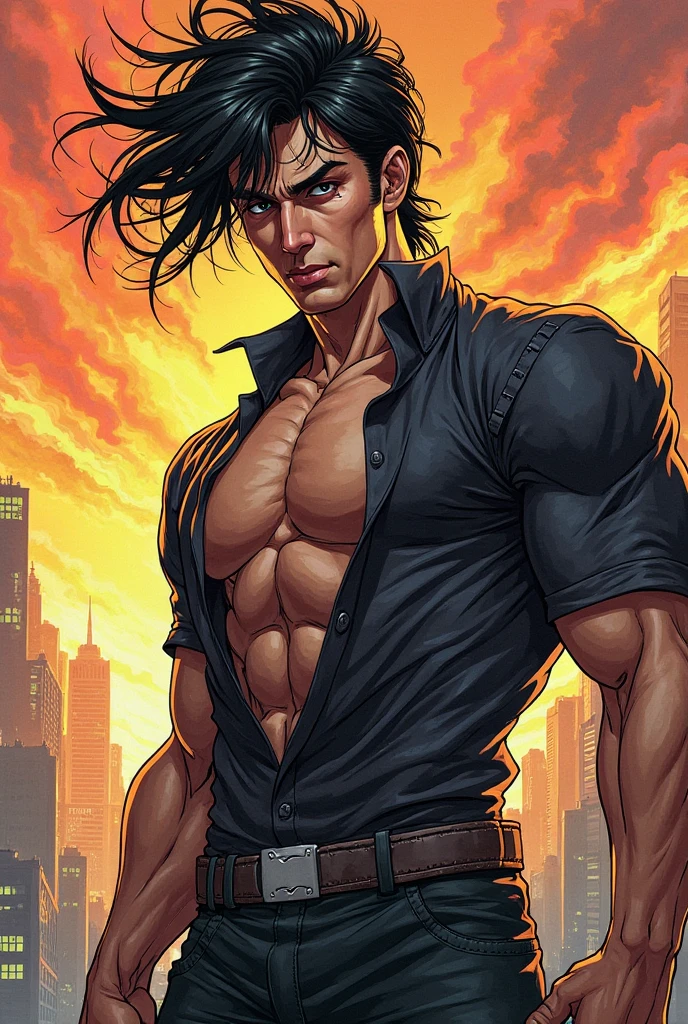 Villainous man, shirtless and with super detailed black pants, black gloves, power in the right hand, black All Star Converse sneakers, long hair yellow color, power of destruction in your control, ruined scenery with smoke and fires