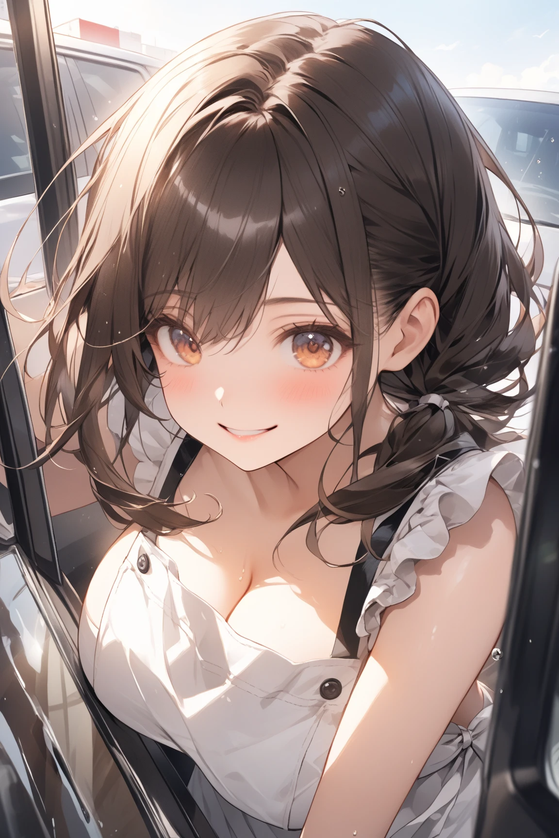 (Highest quality,8k,32K,masterpiece,Ultra-high resolution :1.2 ),born,One person,Super cute,Natural light,Clear, shining eyes,20-year-old,Fair skin,Fantasy background inside a patrol car,Handcuffed,policewoman,Police Officer,Upper body naked,bra,Winking,One eye closed,smile,Brown-haired hair,short hair,Horizontal angle,View from the side,