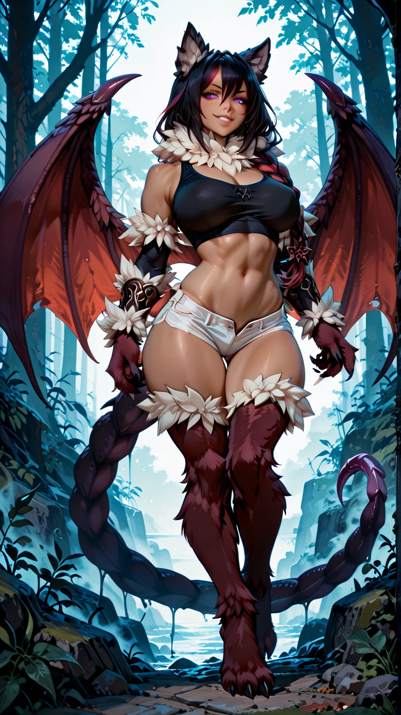 Girl demon, black Horns, Black and Long Hair, Straight hair, Red Eyes, black devil's tail, anime version, full body, black clothes, slim, black wings