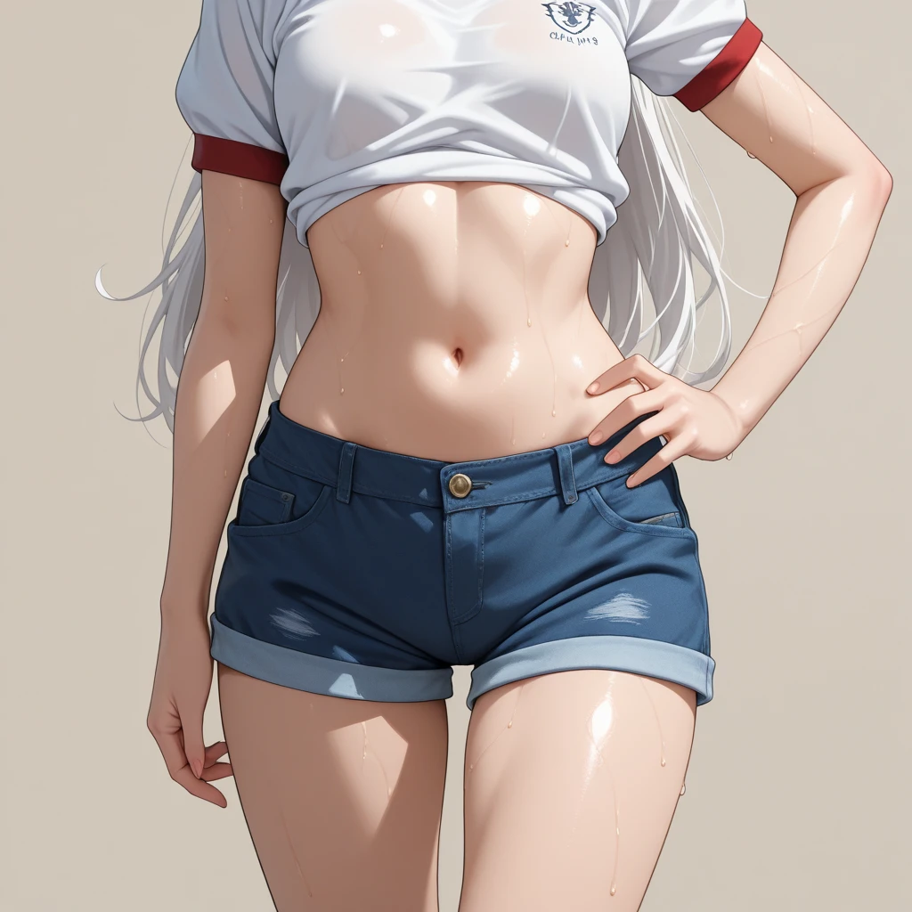Master of animation, A perfect masterpiece, On a pure white background、Dressed in cool, sexy and modern clothes、Sexy mature modern woman standing, Flowing silver hair, Full Body Stand Posture, Thin legs, Straight chest, Detailed facial details, Natural and beautiful standing posture, Crisp and realistic body detail,NSFW