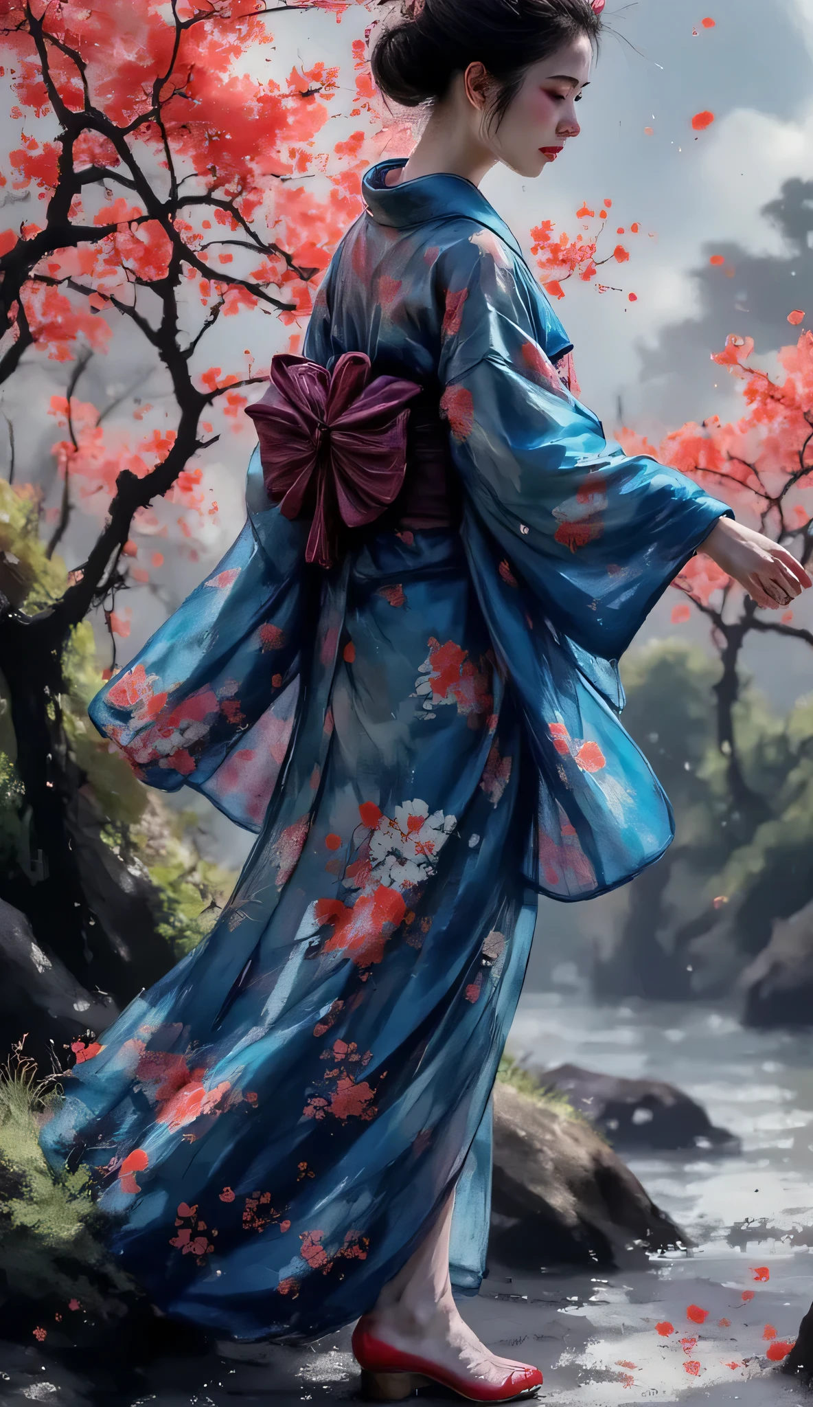 Sumi-e art, monochrome art,((masterpiece)), ((top quality)), perfectly detailed eyes, perfectly detailed face, super detailed nose, random color shorts, perfect teeth, bare shoulder, charming, perfect face, depth of field, high resolution, ((realistic skin texture)), (balanced hands), thin lips, random colored hair, floating multicolor hair , thin waist, Utamaro's Ukiyo-e 、Beautiful Ukiyo-e composition、HD、4K、8k、16k、Woman uper high resolution、detailed description、A kimono with a bright white floral pattern that looks like art、(I'm looking at the brightly illuminated cherry blossoms along the river)、A work like the culmination of Ukiyo-e、 color difference、bewitching beautiful woman in beautiful Ukiyo-e、high image quality、 facial features 、((Spectacular natural scenery))、score_9, score_8_up, score_7_up,high res photos, masterpiece, best quality work, great quality, very detailed, Complicated Details, sharp detail、Focus on Your FACE, perfect hands, perfect anatomy, detail hand , detailed finger,Japanese、Outdoors、、Hair UP、It goes well with kimonos、((A beautiful night view of cherry blossom trees in full bloom along the riverside lined with red lanterns))、A beautiful woman with a seductive expression、Cherry blossom petals are falling、((Beautiful night view of illuminated cherry blossom trees in full bloom along a river lined with red lanterns))、A seductive kimono