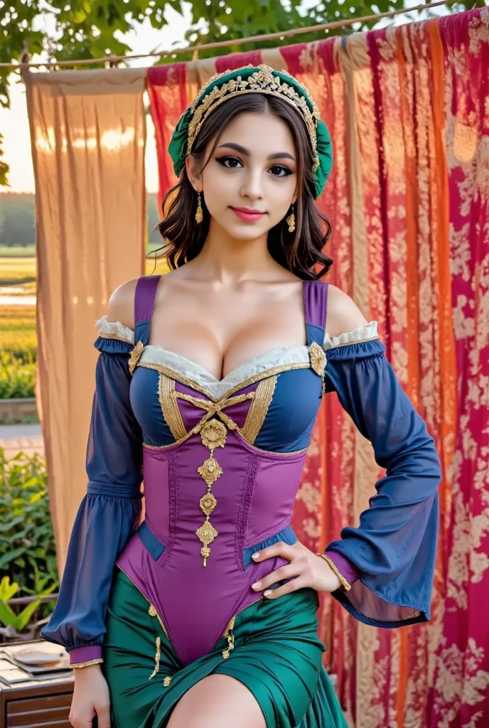 Young woman dressed in medieval style jester’s skin tight garb. She has on the traditional cap ‘n bells jester hat. She has medium length brown curly hair. She’s smiling brightly and laughing. She has brown eyes.  