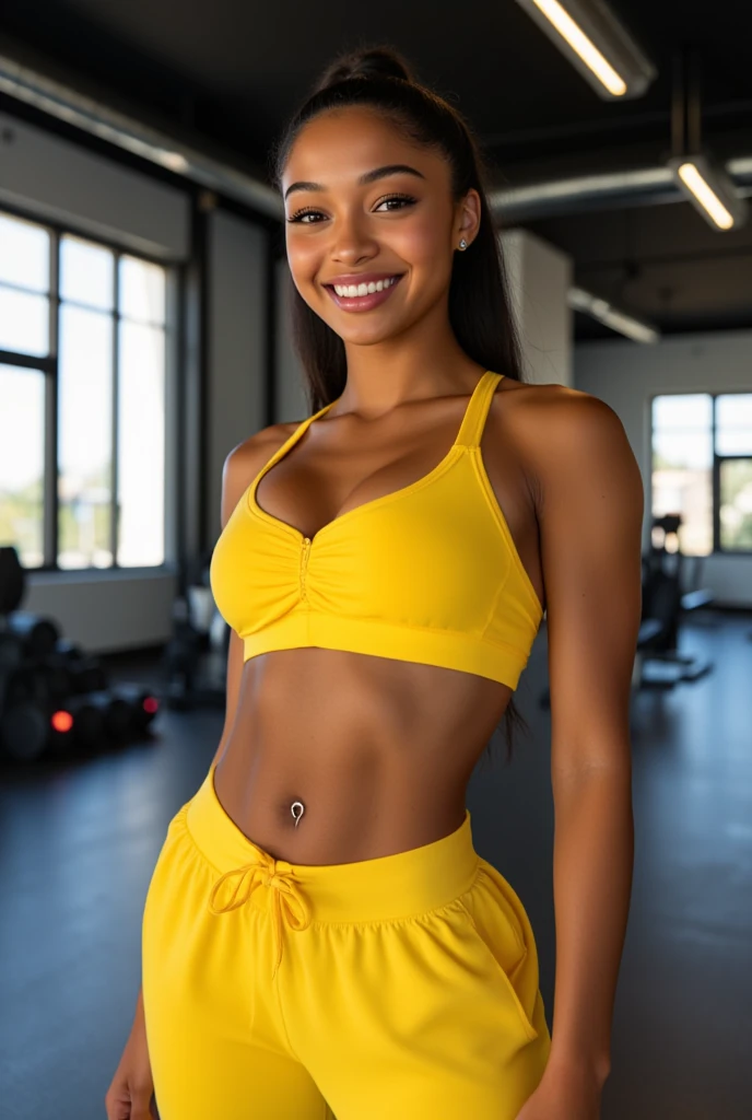 une jeune influenceuse africaine âgée de 18ans avec un teint caramel éclatant dans une robe sexy mettant en valeur ses rondeurs africaines un peu élancé et avec un visage d'ange , in gym, wearing gym clothing