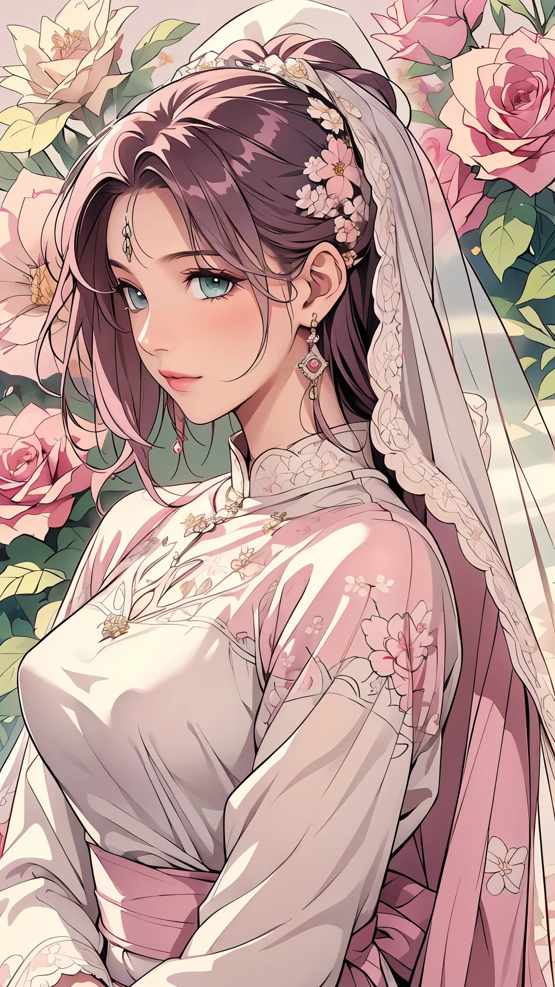 (masterpiece, best quality, best quality, Official Art, Beautiful aesthetic:1.2), green eyes, (best quality, masterpiece painting:1.3), Immature woman, , (bust), masterpiece, ultra high resolution, (((wedding veil, lace trim dress, transparent, Wedding Dress, Outdoors, White Rose, (long sleeve:1.2), Pink Bow,))), Decorative panel, Abstract art, (taken from a side angle), (photorealistic:1.0), ((pale pink hair)), straight hair , beautiful and shiny hair, white radiant skin , painterry, sketch, texture, ultra high resolution, solo, beautiful woman in silya room, very detailed, (fractal art:1.1), (colorful:1.1), (Floral:1.6), most detailed, ( zentangle :1.2), (dynamic pose with well-shaped nipples), (abstract background:1.3), (shiny skin under clothing), (Many colors:0.8), (earrings:1.4), (feather:0.9), Taisho Romance,