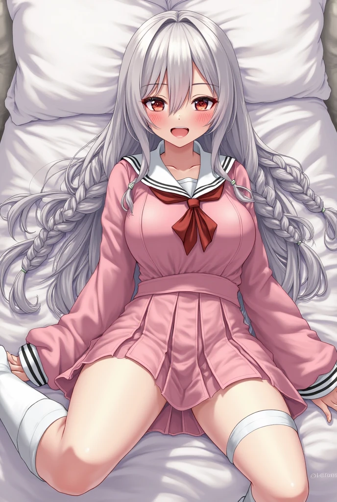 one girl, wolf ears, pure, naive, school blazer, plaid skirt, sex, on bed, missionary sex, spread legs, drool, white hair, cute, ecstatic, drool, love me, creampie, small breasts, my girlfriend, heart mark, hair clip, straight hair, neckerchief