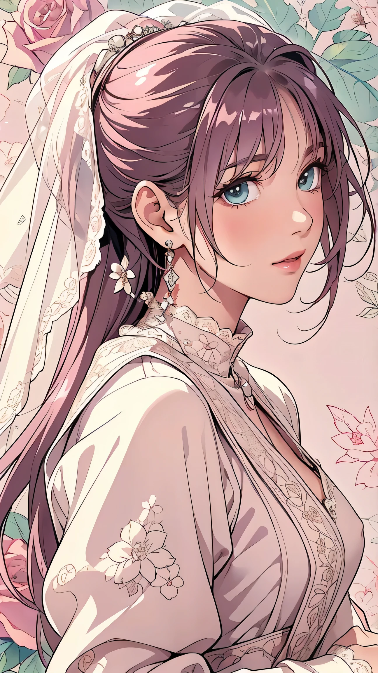 (masterpiece, best quality, best quality, Official Art, Beautiful aesthetic:1.2), green eyes, (best quality, masterpiece painting:1.3), Immature woman, , (bust), masterpiece, ultra high resolution, (((wedding veil, lace trim dress, transparent, Wedding Dress, Outdoors, White Rose, (long sleeve:1.2), Pink Bow,))), Decorative panel, Abstract art, (taken from a side angle), (photorealistic:1.0), ((pale pink hair)), straight hair , beautiful and shiny hair, white radiant skin , painterry, sketch, texture, ultra high resolution, solo, beautiful woman in silya room, very detailed, (fractal art:1.1), (colorful:1.1), (Floral:1.6), most detailed, ( zentangle :1.2), (dynamic pose with well-shaped nipples), (abstract background:1.3), (shiny skin under clothing), (Many colors:0.8), (earrings:1.4), (feather:0.9), Taisho Romance,