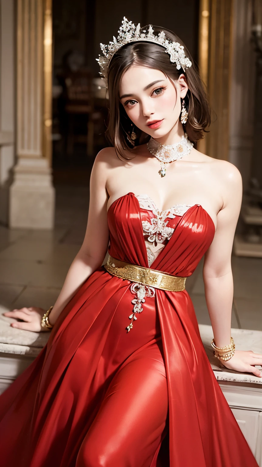 Lebanese lady, diamond dangling earrings, necklace, bracelets, small breasts, 40 years old, smokey eyes, cleavages, red lips, innocent face, random colored fashion ball gown, stylish hairstyle, overskirt, holding her skirt, posing, modeling