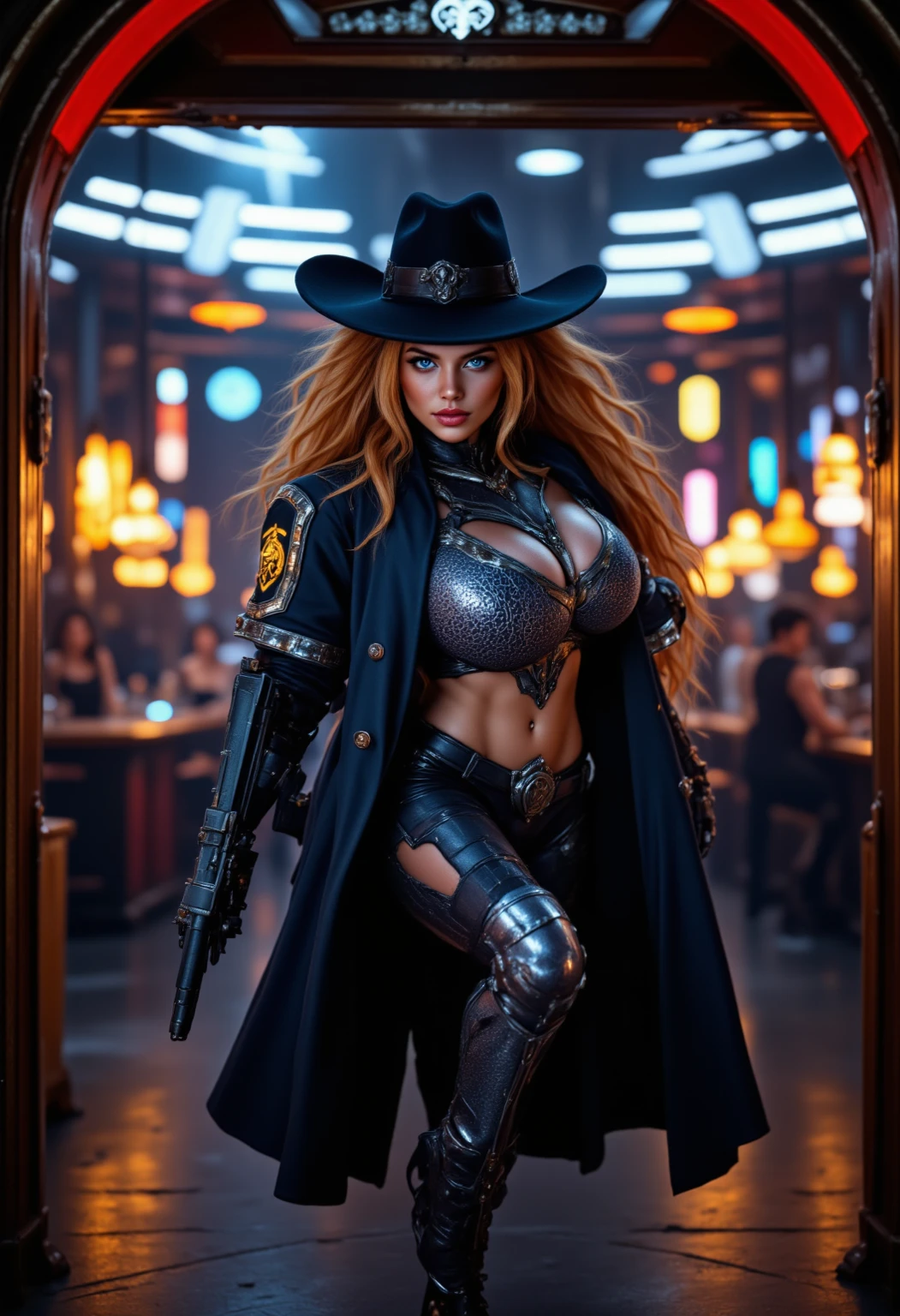 Realistic, imagem de corpo inteiro de uma ruiva de 18 anos em um cosplay detalhado de Caitlyn de League of Legends. TAGS: 'Caitlyn', 'League of Legends', 'pose de atirador', 'sorriso confiante', 'iconic hat', 'cabelo vermelho'. This young woman is portrayed in a sniper pose with power, seu sorriso confiante complementando seu cabelo ruivo ardente. Her costume is a faithful recreation of Caitlyn's classic costume., featuring the iconic top hat adorned with a decorative sash, a sophisticated coat in deep purple and silver with steampunk-inspired details, e elegante, high-waisted pants paired with knee-high leather boots. in her hands, she holds a meticulously crafted sniper rifle, echoing Caitlyn's signature weapon. The setting fuses a fantasy cityscape similar to Piltover, com elementos da arquitetura steampunk sutilmente integrados. This portrait captures Caitlyn's formidable presence as a League of Legends champion, infundido com um fresco, contemporary feel highlighted by her vibrant red hair