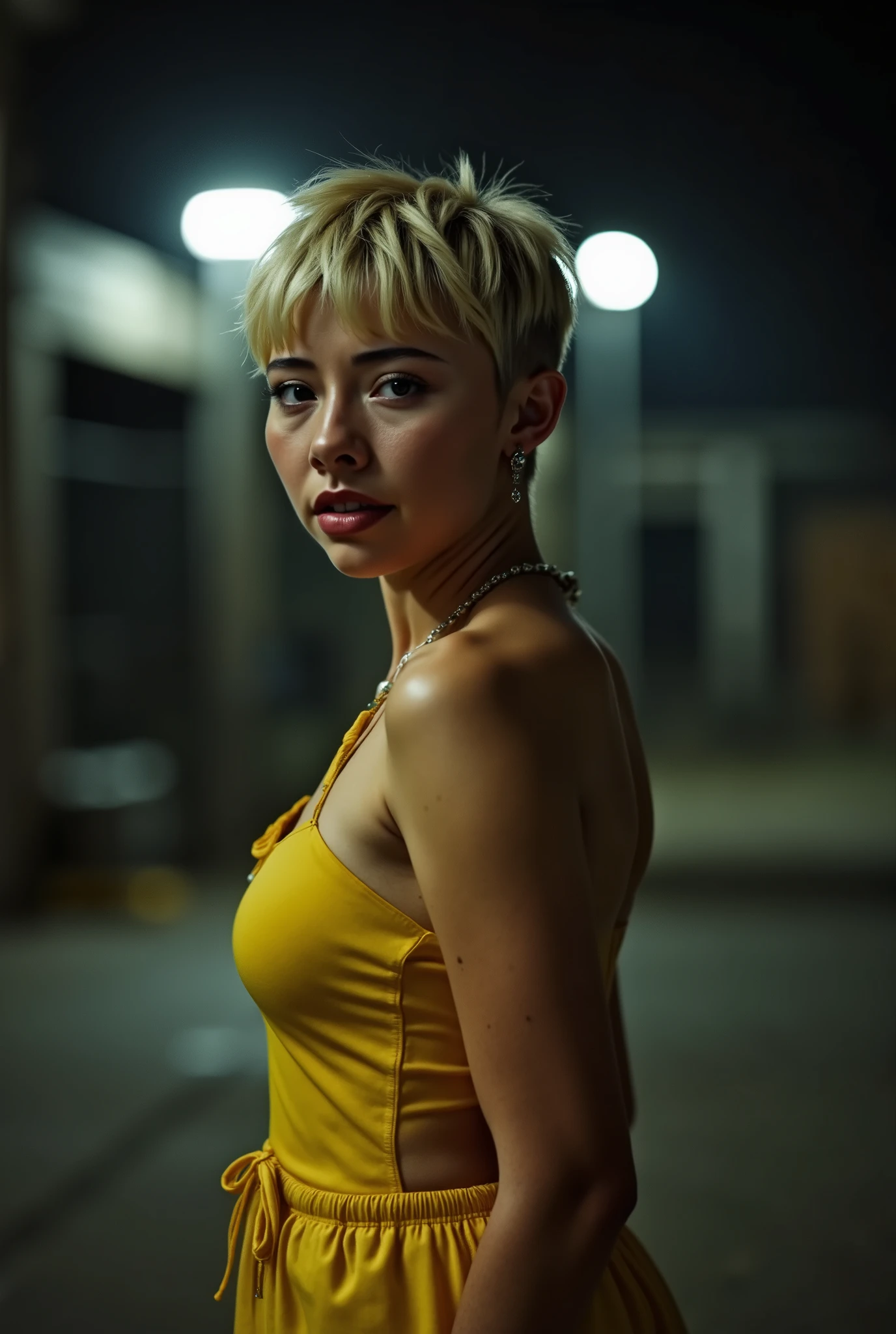 photo degrade, Em uma cena cinematográfica e black and white hiper-realista, Xochitl Gomez wearing yellow dress, at night, short messy glonde hair, fit body, normal fit legs, she's 40 years old