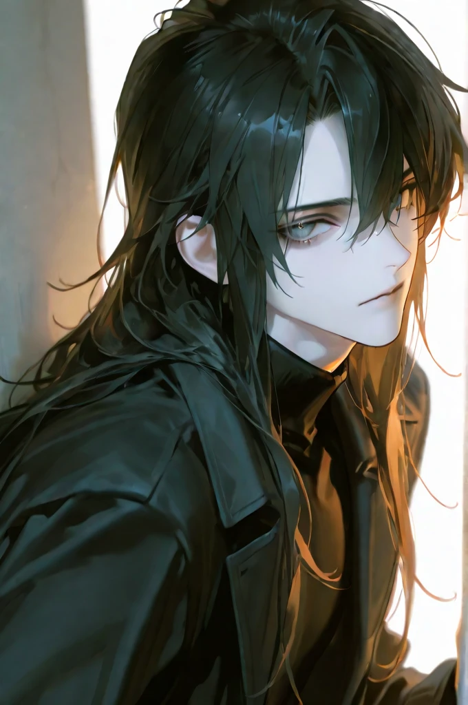 masterpiece, 1 man, handsome,  half side , Face Centered, Detailed Facial Description, Both eyes of the same size,  Well-balanced and firm body , A male character with a neutral and calm impression. mid 20s. Long hair. blue-black hair. Grey-green eyes mixed with red.  pale and clean skin . Slightly embarrassing. neutral impression of a handsome man. Sharp eyes and smooth arms. black turtleneck, Dark long coat. Cinematic lighting, detailed description, Calm and dark atmosphere, Looking back at the viewer. leaning against a wall