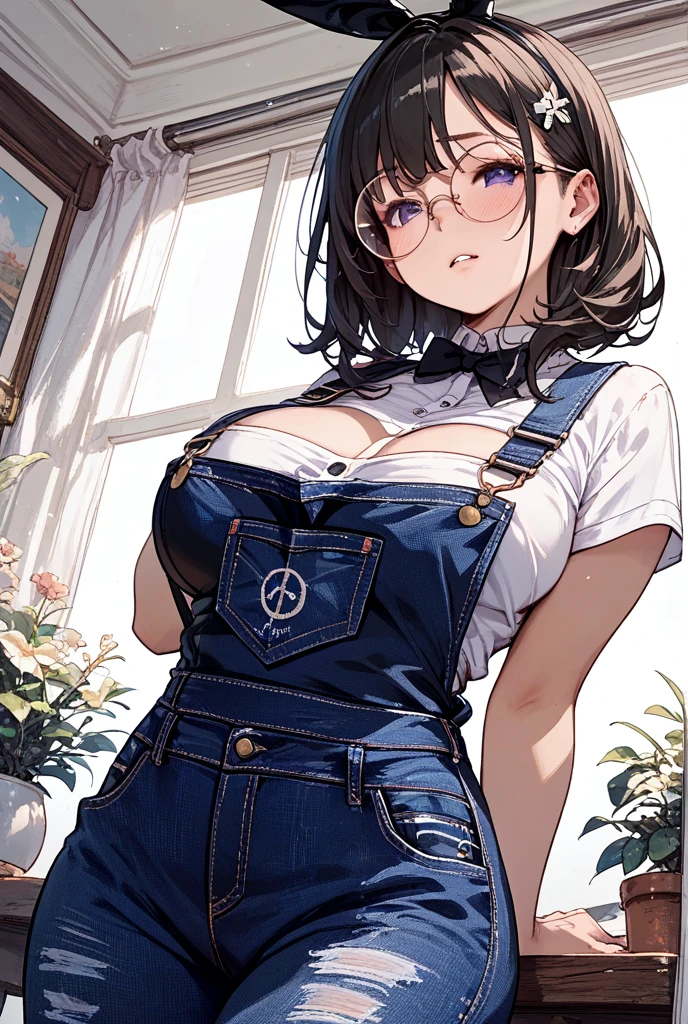 (highest quality), one girl, (((()))), (((short))), (legs are too thin), (butt is very small), brown short bob cut hair, Round black glasses, Yellow Meccha, cute face, ((child)), ((((BREAK Only her breasts are too big)))), (((big breasts))), Navy blue denim overalls, white background,
