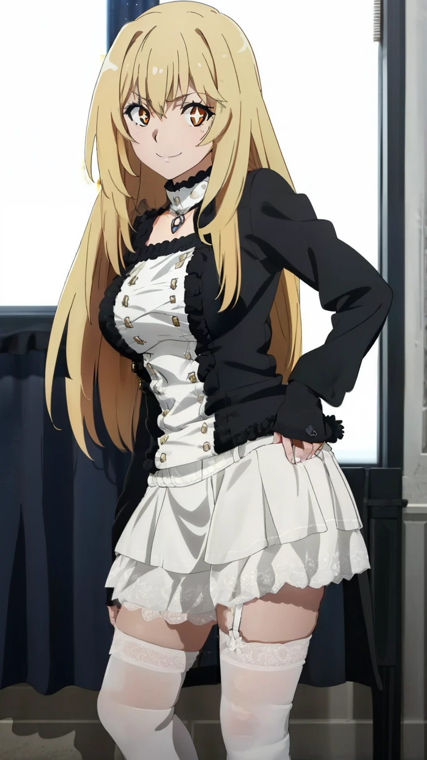(highest quality, High resolution, 8k, masterpiece: 1.2), Very detailed, (Anime), Misaki Shokuhou, orange eyes, (pupils sparkling:1.2), Beautiful character design, Perfect eyes, Perfect face, Expressive eyes, Perfect balance, smile, blonde, Long Hair, large medium breast, nffsw, ((black gothic clothing), long sleeve, over the knee socks, women's mary jane shoes), (from front:1.3), (cowboy shot), looking at the camera, The gaze camera focuses on the center of the image,