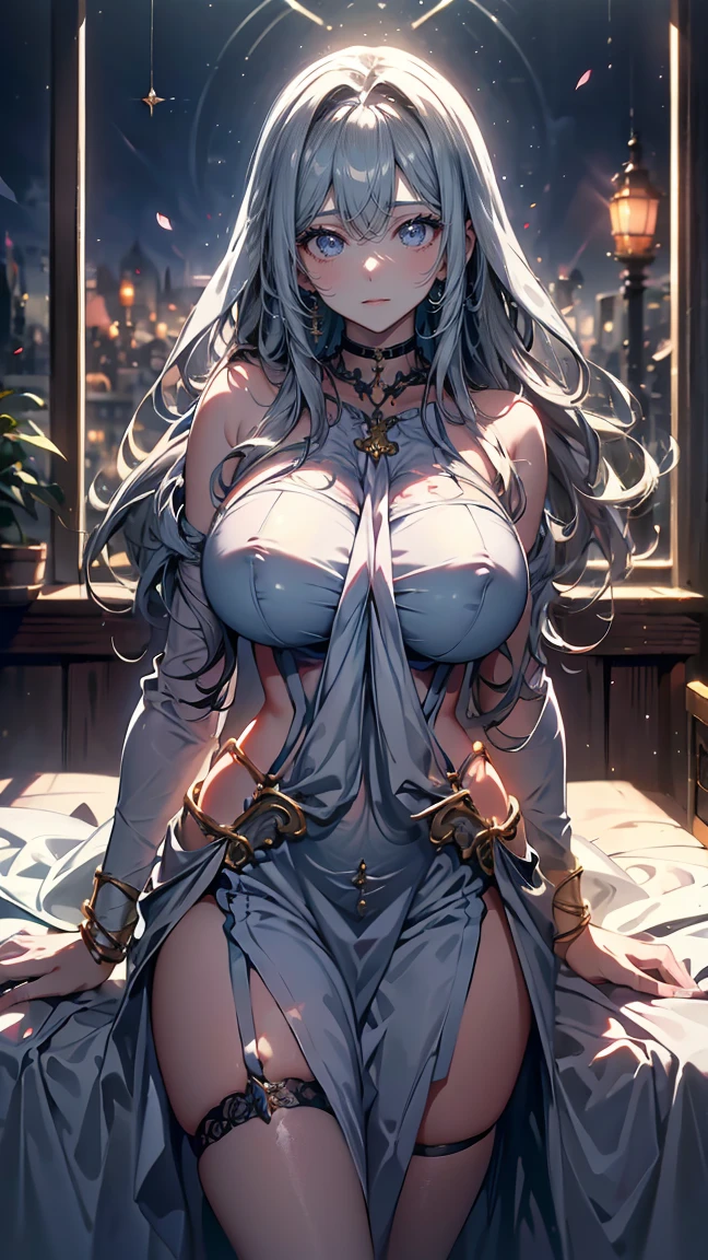 ((A young woman wears a sexy white dress:1.3, cable cardigan:1.3, close-up of chest:1.37, sexually seductive:1.3)), Mature woman with long hair and white dress, blue military uniform, red ribbon, Knee-length boots, White and blue winter outfit, White hair with green sides, full body, great details, beautiful anime illustrations, 26 years old, Take a break, ((milf:1.5, alone:1.5)), (NRF:1.25), (Sagging breasts, refuge chest, big , Thin waist, big ass:1.2), Increase sexiness, (Ultra high resolution, ภาพถ่าย RAW 8k, Realistic picture, Thin outline:1.3, Focus clearly, best quality, natural light, Textile shading, blurred background, depth of field, Bokeh, (Bright pupils:1.2, Beautiful, detailed eyes with highlights.:1.3, Highly detailed eyes, Highly detailed face), red lips, Good realistic skin:1.1, look at the audience:1.3, (Dynamic angle:1.3, Focus Target:1.3, from below:1.4), (Many poses:0.0, sexy pose:1.3, นั่ง with opening legs shaped M:1.5), (charming, Smile sexy too.:1.4), The picture in the middle:0.2, (He wore a long white robe with holes and clothes.:1.1, bare breast:1.2), translucent lace stockings), (((correct anatomy:1.5))), ((perfect hand:1.5, Ideal body proportions:1.37)), (one night:1.3), Military Base