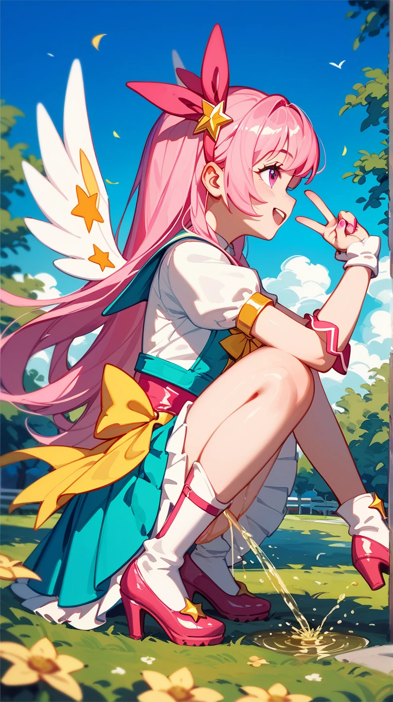 A cartoon drawing of a woman in a pink skirt standing in the grass, Revealing clothing, Anime Barbie in White Stockings, Touching her clothes, Wearing a skirt, Enchanting anime girl, In a dress, West Shot, Soft anime illustration, Hands on hips, Wearing a white skirt, Shoujo Manga, In a shiny skirt, Beautiful anime girl crouching