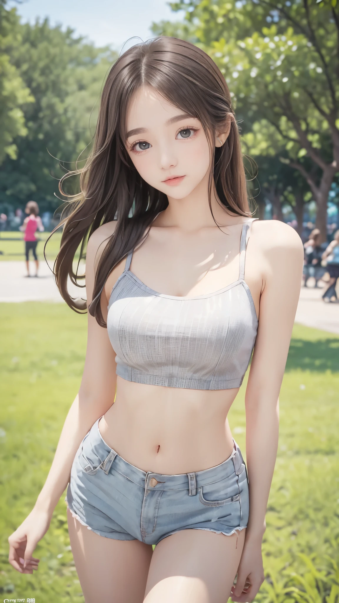 (best quality、best quality、8K、Row Pictures、realistic depiction)、(perfect and very thin waist highlighted)、( Beautiful Russian  )、(Posing in the park)
